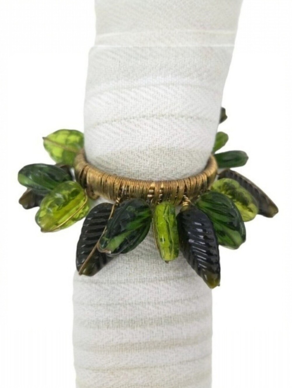 SET OF 6 Crate & Barrel Green Beaded Leaves & Gold Napkin Rings